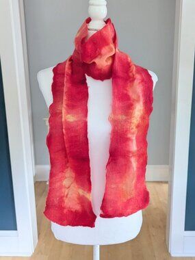Handmade Wool Wet Felted and Silk Scarf Long OOAK Red Orange Yellow Boho